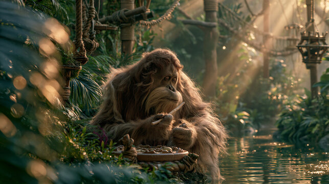Wildlife photo of an orangutan using a stick on a puzzle feeder in a lush zoo habitat. Golden volumetric rays shine through tropical canopy, reflecting on a calm pool with rich foliage, soft bokeh...