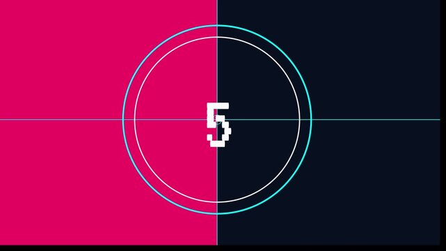 Retro pixel art countdown timer with glowing neon circle overlay on a split pink and dark blue background 4K animation