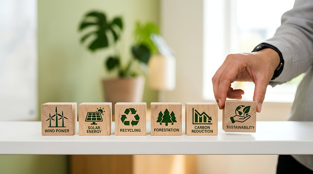 Person placing wooden block with sustainability symbol next to eco icons
