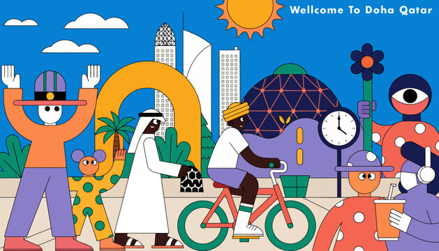 Welcome to Doha Qatar, vibrant city life illustration