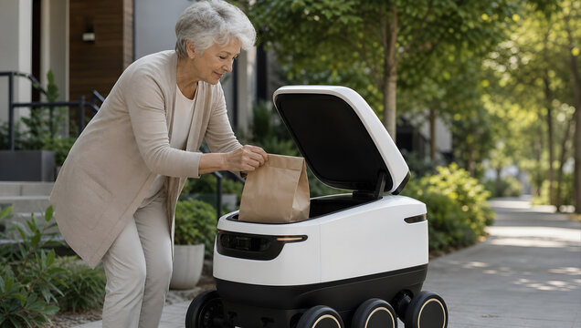 Senior woman delivery robot paper bag outdoor sidewalk modern technology autonomous urban street elderly female pensioner casual cardigan pants