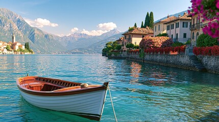 Obraz premium Small wooden boat floats on calm lake near