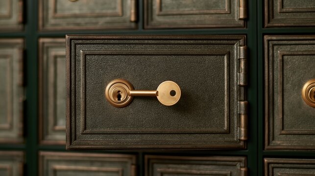 Golden key inserted into antique safe door lock