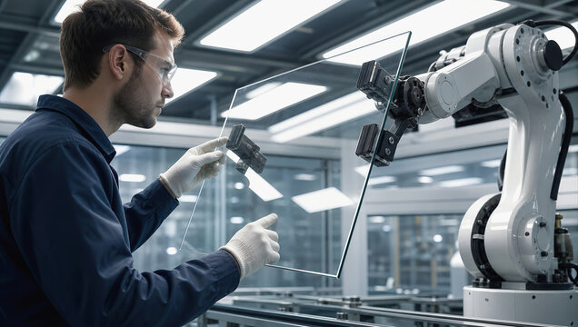Industrial robot factory worker glass panel automation smart factory human labor safety glove precision technology engineering