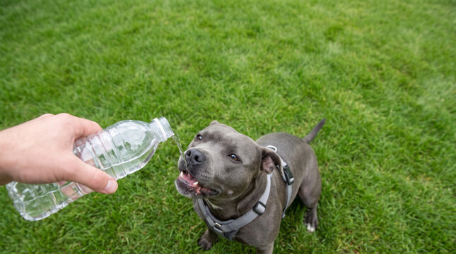 Heatstroke prevention with thirsty dog receiving water outdoors. heat wave hot weather temperature. heat stroke dehydration symptom risk, emergency warning protection aid