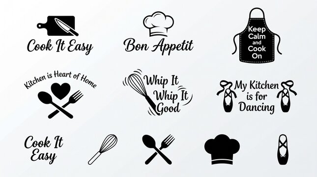 Kitchen related typography quote emblems featuring cooking tools and chef hats in bold black vector style