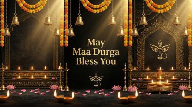 May maa durga bless you text with hanging bells, marigold garlands, and lit diyas on dark background.