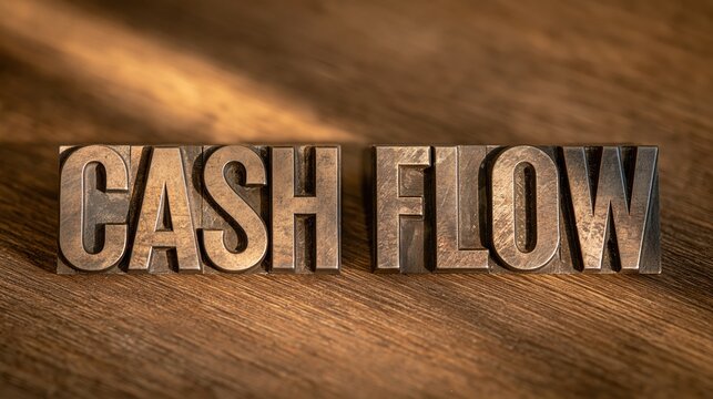 Metal type blocks spelling cash flow on wooden