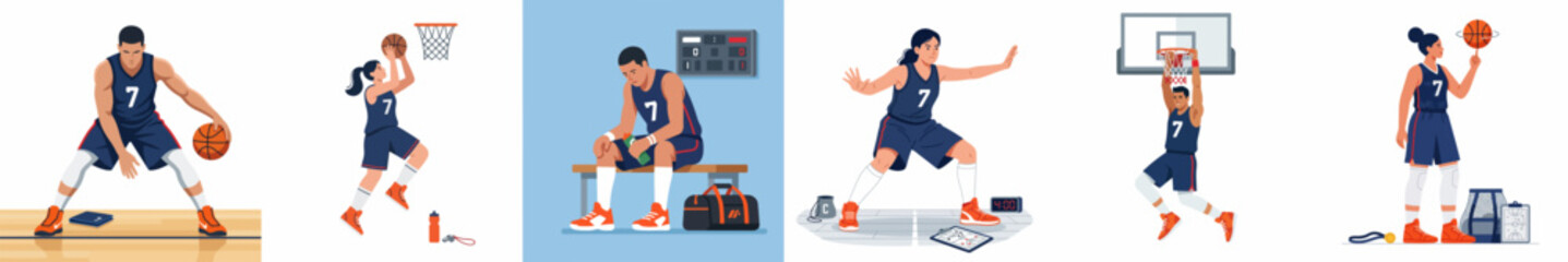 Collection of Basketball Player Illustrations Featuring Men and Women in Action Poses Including Dribbling Shooting Dunking and Resting © Muqodimatul