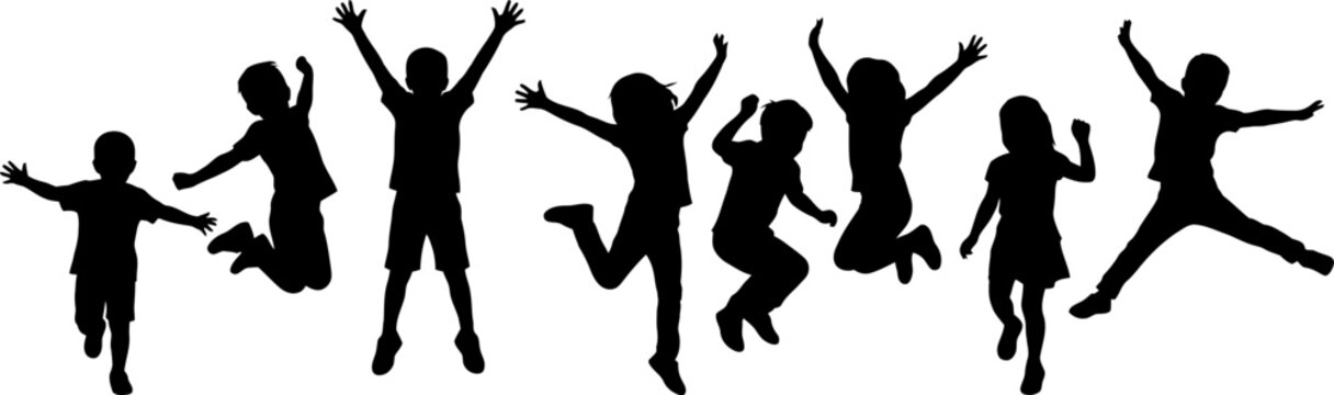 Vector silhouette illustration features a large group of energetic children and active kids jumping for joy, celebrating fun childhood freedom and play