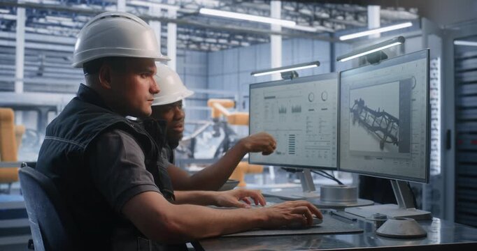 Caucasian Engineer and African American Colleague Discuss 3D Car Chassis Model on Dual Monitors in Smart Plant. Diverse Collaboration Accelerates Industry 4.0 Production. Concept of Professional Team.