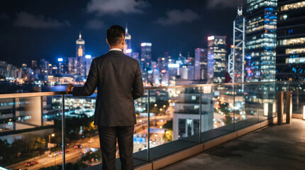 Naklejka na ściany i meble Businessman Standing on Balcony Looking at City Skyline at Night