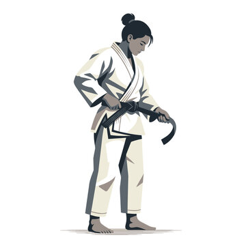Modern 2D vector illustration of a determined female judo athlete in a traditional white gi, carefully tying her black belt, symbolizing discipline, mastery, and preparation for martial arts training.