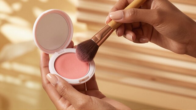 Woman applying pink blush with makeup brush