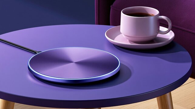 Wireless charging pad and coffee cup on purple table