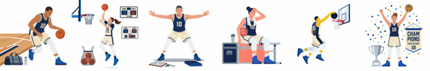 Set of flat vector illustrations depicting a professional female basketball player's journey from training and playing to winning a championship. © Muqodimatul