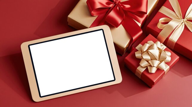 Gold tablet with blank screen surrounded by red and gold gift boxes on red background