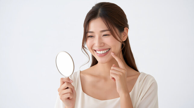Asian woman smiling while examining clean teeth with mirror, expressing dental confidence and personal care