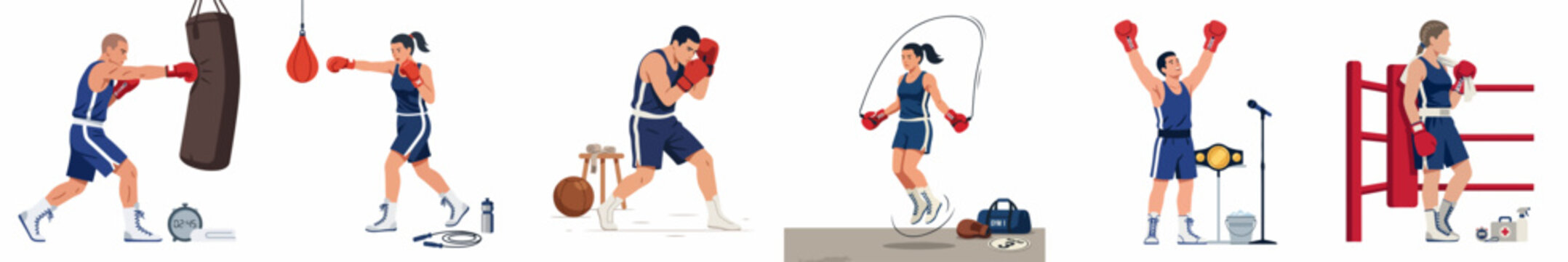 Collection of flat vector illustrations showing male and female boxers engaged in training, sparring, and victory celebration against a white background.