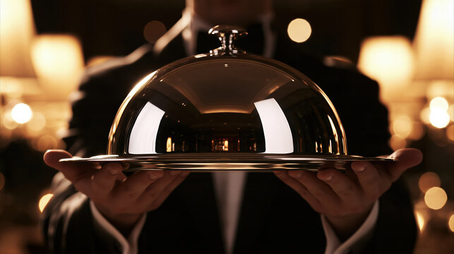 Luxury dining concept showing anonymous waiter carefully holding covered serving tray in elegant restaurant setting