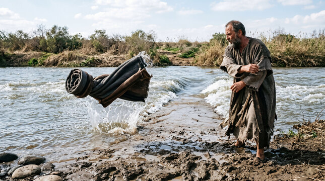 Elisha striking the waters of the Jordan River with Elijah's fallen cloak, parting the water to cross on dry ground