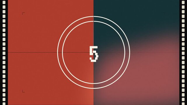 Vintage film leader countdown with split screen orange and teal retro texture effect 4K animation