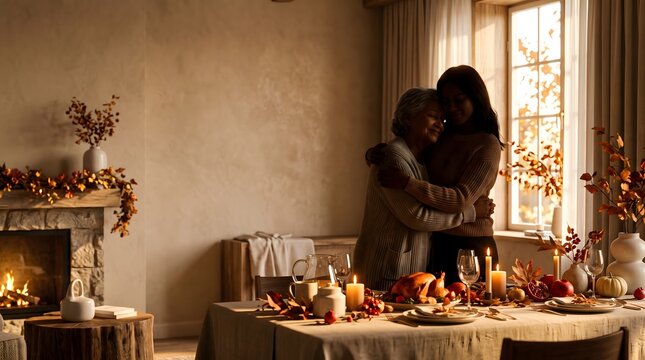 Thanksgiving family embrace by a warmly lit dining room table