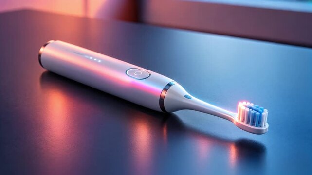 Electric toothbrush with compact white handle and blue bristles on a reflective desk, suited for dental care, wellness, hygiene, technology and consumer advertising.