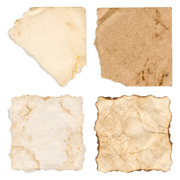 Collection of four aged, torn, and stained vintage paper pieces
