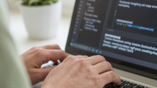 Software developer typing code on a laptop keyboard