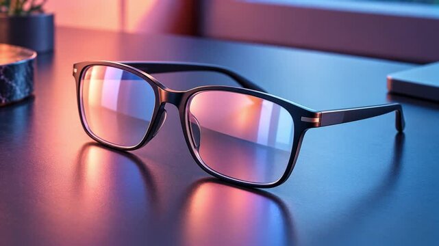 Stylish eyeglasses with reflective lenses resting on a modern desk, suitable for vision care, fashion, technology, lifestyle, retail and professional advertising.