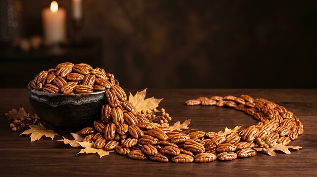 Pile of pecans with autumn leaves and candles thanksgiving still life