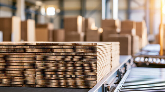 Cardboard sheet stack on conveyor in packaging manufacturing facility