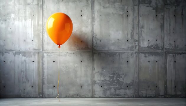 Orange Balloon Floating Against a Concrete Wall in an Empty Room.