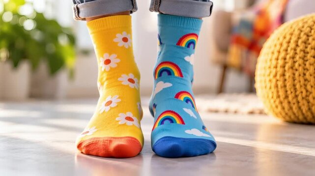 Colorful socks worn with rolled denim in a cozy home setting, suited for clothing, fashion, family lifestyle, comfort, retail and seasonal marketing.