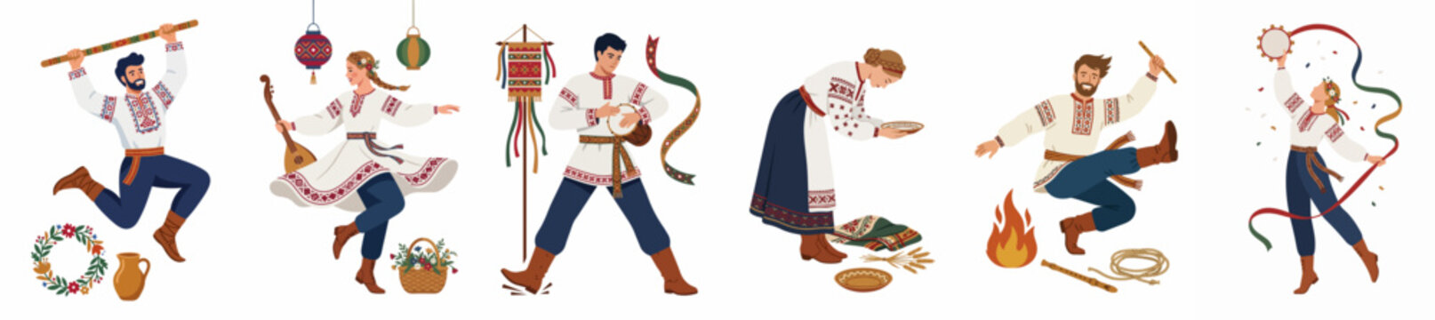 Collection of People in Traditional Ukrainian Folk Costumes Celebrating National Holidays and Performing Cultural Rituals, Isolated Vector Illustration.