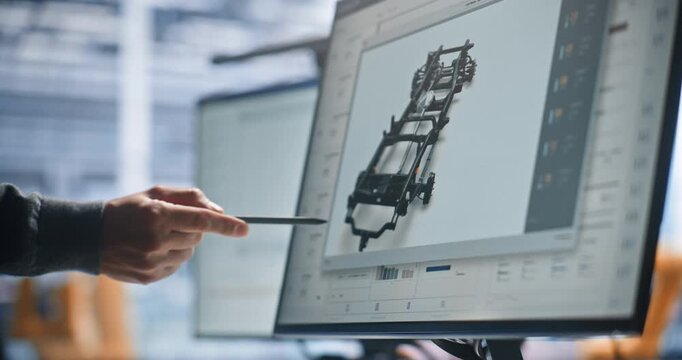 Engineer Reviews Robotic System Design on Interactive Display, Using Stylus to Inspect Technical Data, Annotate Digital Schematics, and Evaluate Mechanical, Electronic, and Control Parameters.