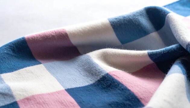 Close-up of a checkered fabric with blue, pink, and white squares.