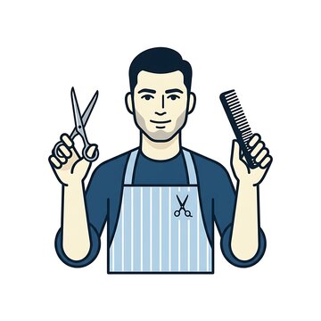 Male barber holding scissors and a comb wearing an apron