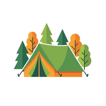 Flat vector illustration of a camping tent in a forest with pine and deciduous trees
