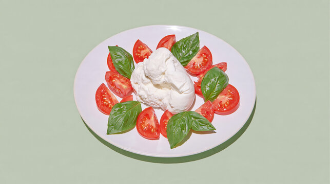 Fresh Italian style cheese presentation with tomato and basil on ceramic plate, creating inviting Mediterranean appetizer