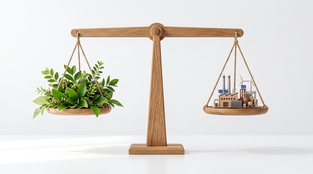Wooden balance scale weighing green plants against miniature factory with wind turbines, symbolizing sustainable development, ecology, and green energy concepts.