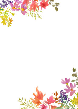 Watercolor Autumn Botanical Background with Abstract Hand-Painted Autumn Flowers and Leaves for Greeting Cards, Wedding Invitations and Stationery Design