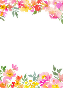 Watercolor Floral Vector Background with Abstract Hand-Painted Pink Roses, Wildflowers and Leaves for Wedding Invitations, Greeting Cards and Stationery Design