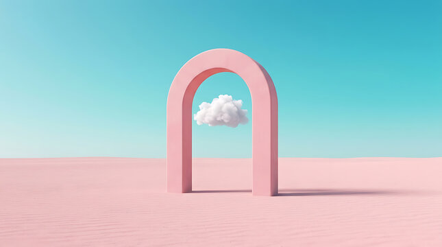 Minimalist pink arch in desert landscape with single white cloud under blue sky
