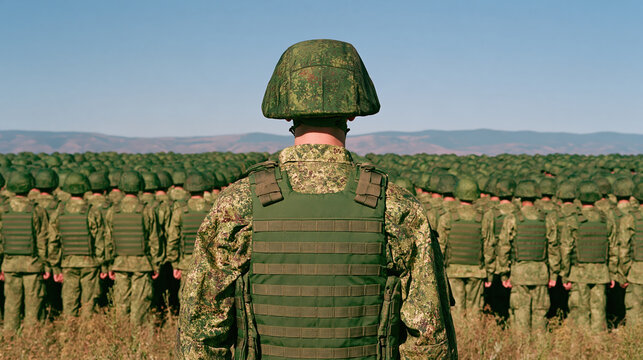 Rear view of soldier in camouflage armor facing military formation across dry field, creating disciplined outdoor training scene