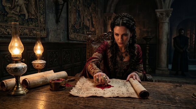 The wicked Queen Jezebel coldly writing letters and sealing them with King Ahab&rsquo;s royal signet ring to have Naboth murdered