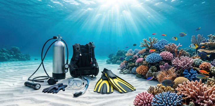 Scuba diving gear including a metal air tank, black buoyancy compensator vest, yellow and black fins, mask, snorkel, and gloves resting on a white sandy ocean floor near a colorful coral reef