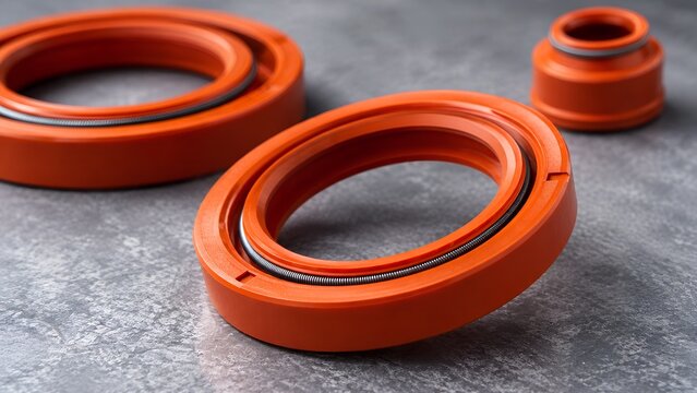 Close-up of orange rubber sealing rings and components on a metal surface, representing industrial seals, mechanical maintenance, machinery repair, and engineering components.