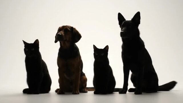Professional studio portrait of four domestic pets featuring two black cats and two mixed breed dogs sitting side by side against a bright white isolated background captured in high resolution